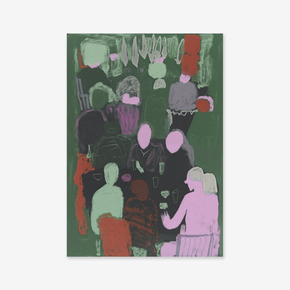 Crowded bar" is an abstract giclée art print depicting faceless figures gathered at a table in muted green, pink, purple, and red tones—an intriguing communal scene perfect for adding modern flair to your interior.