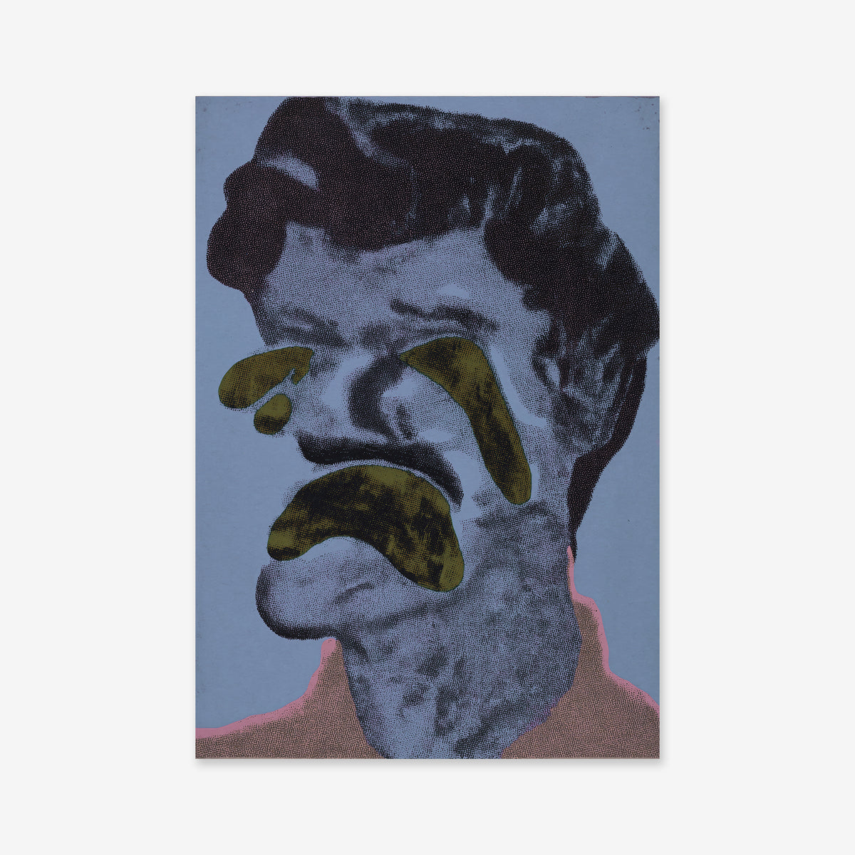 Crying No.2 features a stylized portrait with dark hair on a blue background, facial features masked by bold, abstract green brushstrokes. Ideal as a giclée art print to enhance any modern space.