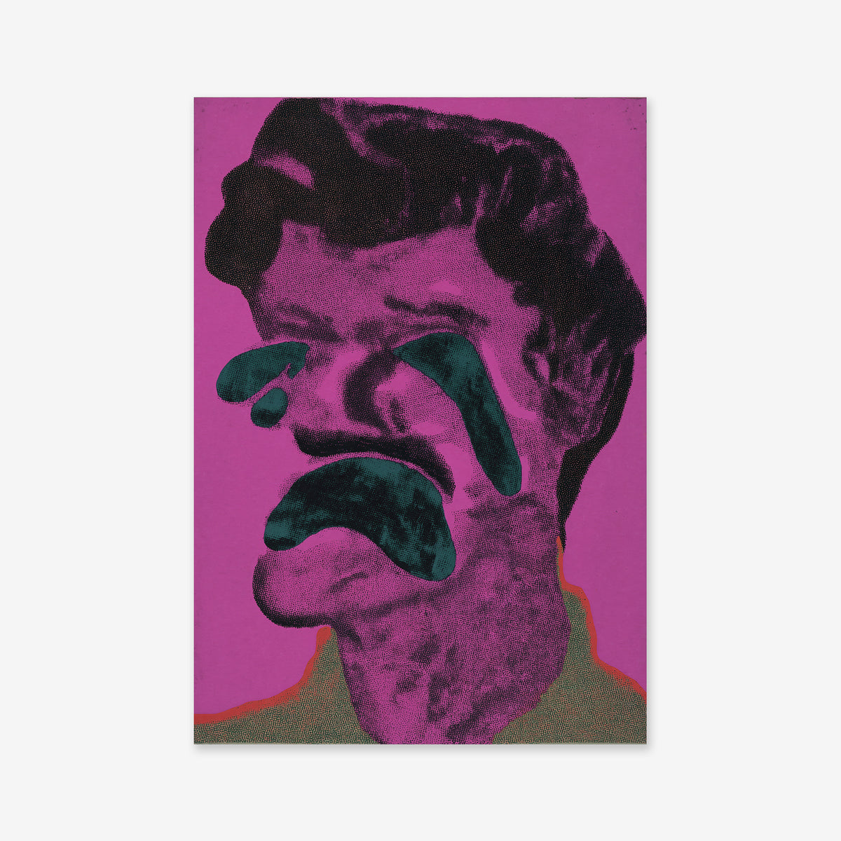 “Crying No. 1” is a stylized portrait of a dark-haired figure on a magenta background, with teal abstract shapes for eyes and mouth, creating a surreal, emotional expression—ideal as a Giclée art print for modern interiors.