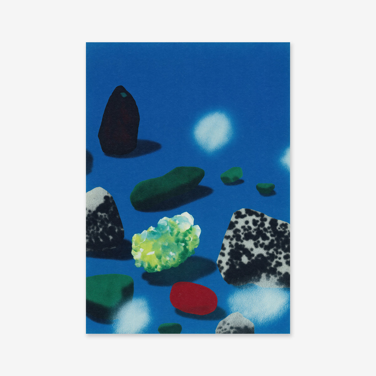 Crystals & stones in abstract, colorful forms—including green, black, speckled, and red—are scattered on a vibrant blue background with soft white highlights, ideal as a Giclée art print for modern interiors.