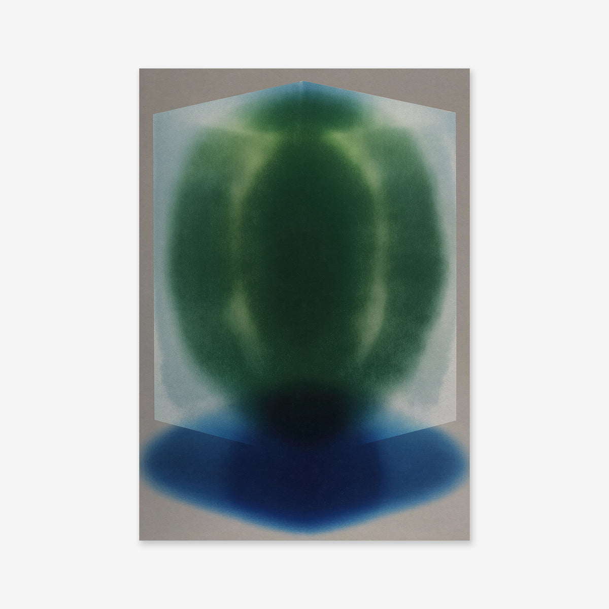 Cube No. 1 features a central, vertically symmetrical green form with soft edges within a light gray geometric outline, merging into deep blue at the base on a neutral background—ideal as a Giclée print for modern interiors.