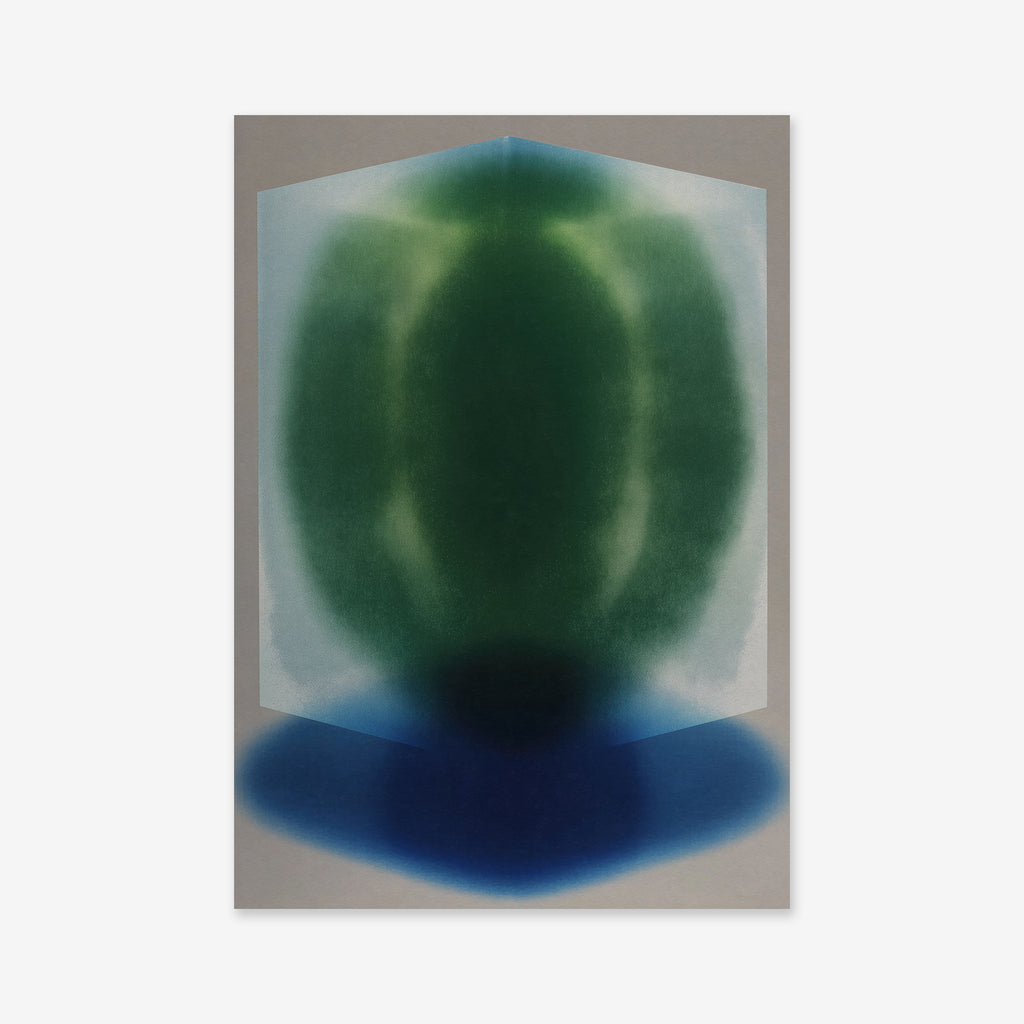 Cube No. 1 features a central, vertically symmetrical green form with soft edges within a light gray geometric outline, merging into deep blue at the base on a neutral background—ideal as a Giclée print for modern interiors.