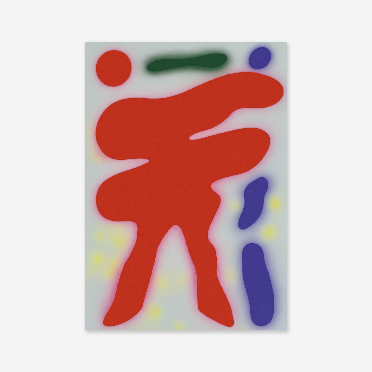 Dancing" is an abstract Giclée art print featuring a bold red organic shape, red circle, green bar, and purple ovals. Printed on archival paper, it adds vibrant style to any modern space.