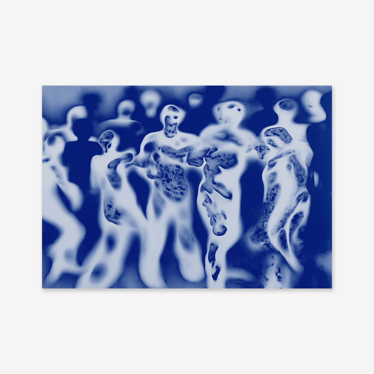 “Dancing crowd” features ghostly, human-like figures in white and blue with blurred, flowing shapes against a blue background—ideal as a Giclée art print to elevate any modern interior.