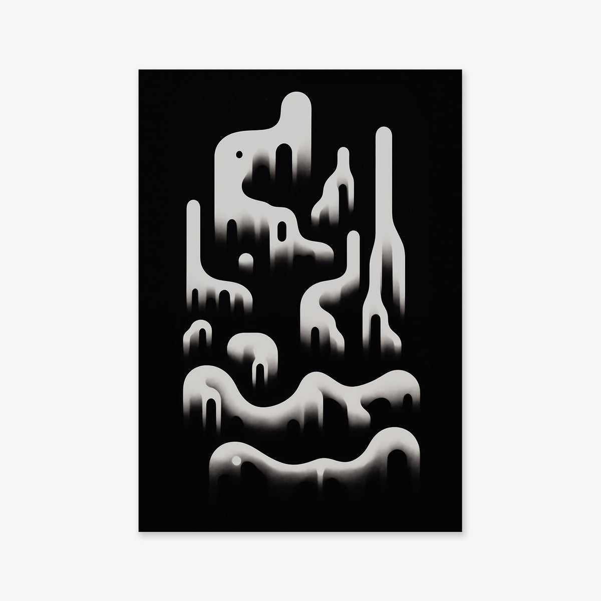 Dark snow No. 1" is an abstract black and white giclée art print featuring elongated, drip-like forms against a solid black background, beautifully printed on matte archival paper—perfect for modern interior decor.