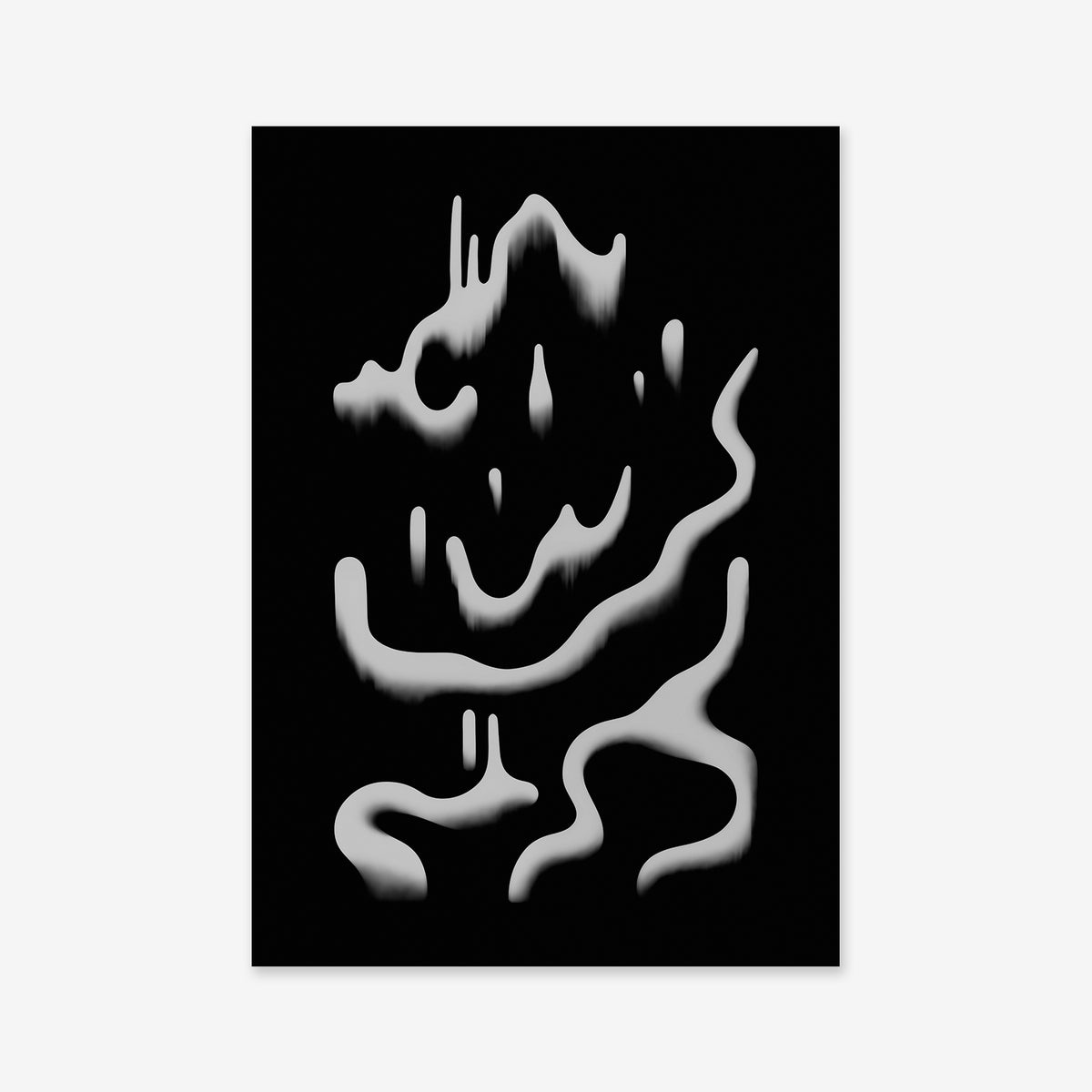 Dark snow No. 2 features abstract wavy, dripping white lines and shapes on a solid black background, creating a minimalistic and modern giclée print perfect for contemporary interiors.