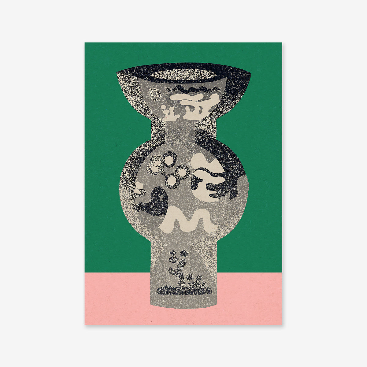 The "Decorated vase" Giclée art print features a textured gray vase with fluid black and cream patterns, set on a green background with a pink strip—perfect for adding modern style to your space. Printed on archival paper.