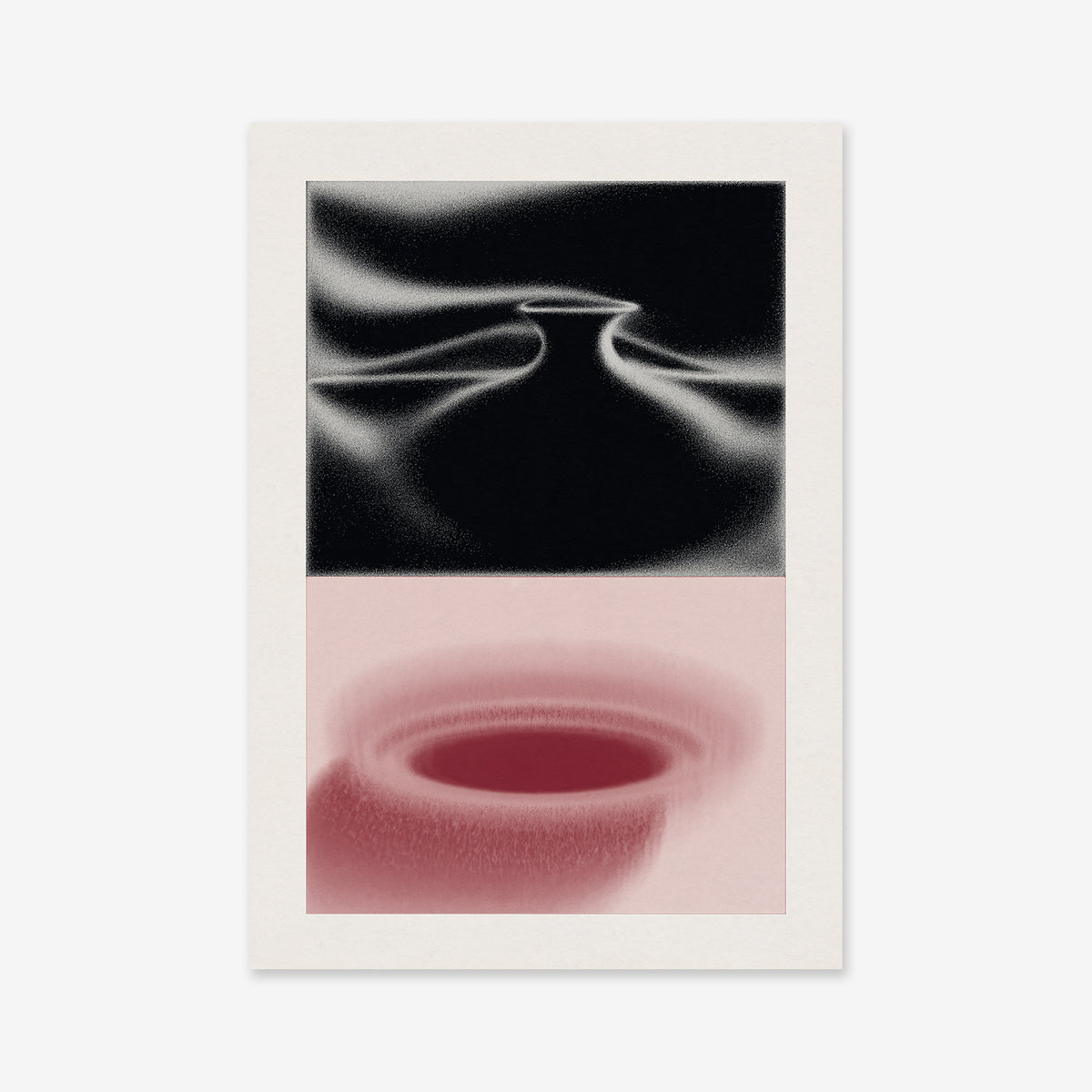 Desert delusion: Abstract art with a top half of flowing black and white waves and a bottom half featuring a soft red circle on pale background. Ideal as a giclée print for modern interiors, finished with a white border.