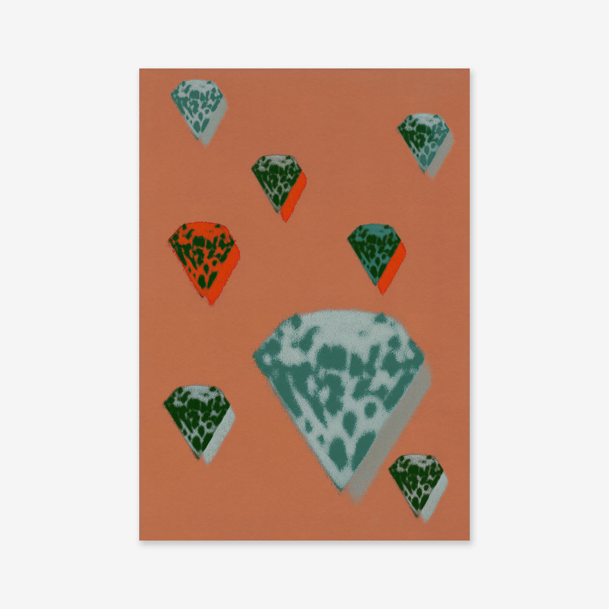 “Diamonds are forever” is a digital illustration featuring eight scattered diamond shapes—six green-and-white and two orange-and-black—on a brown background, ideal as a Giclée art print for modern interiors.