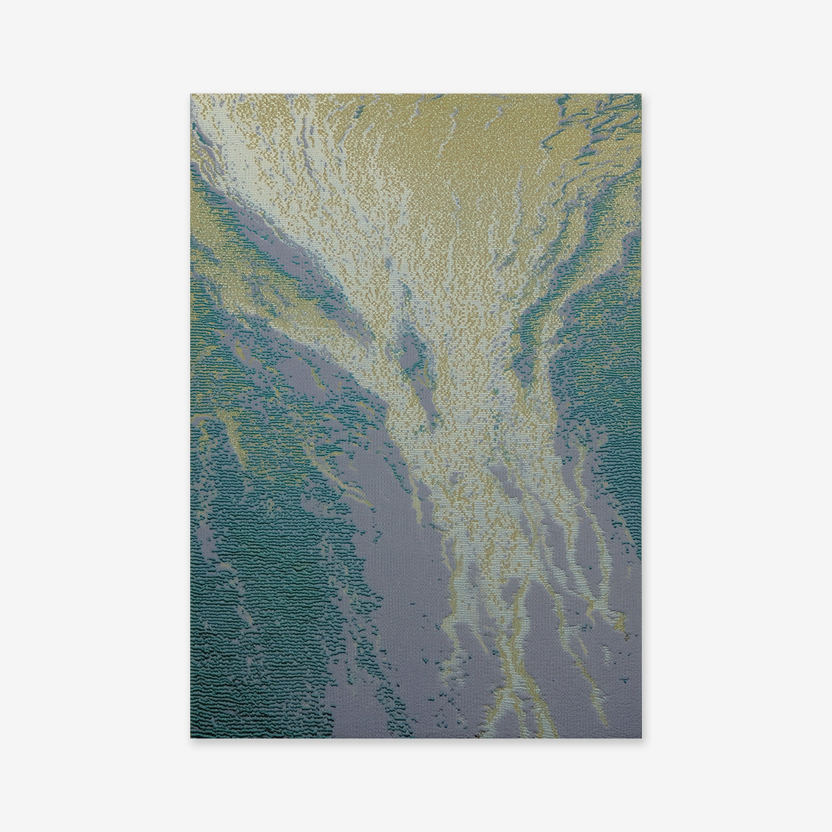 Dirty rivers" is an abstract artwork with flowing gold, blue, and gray patterns resembling merging streams, featuring textured details—an ideal Giclée print to enhance any modern interior.