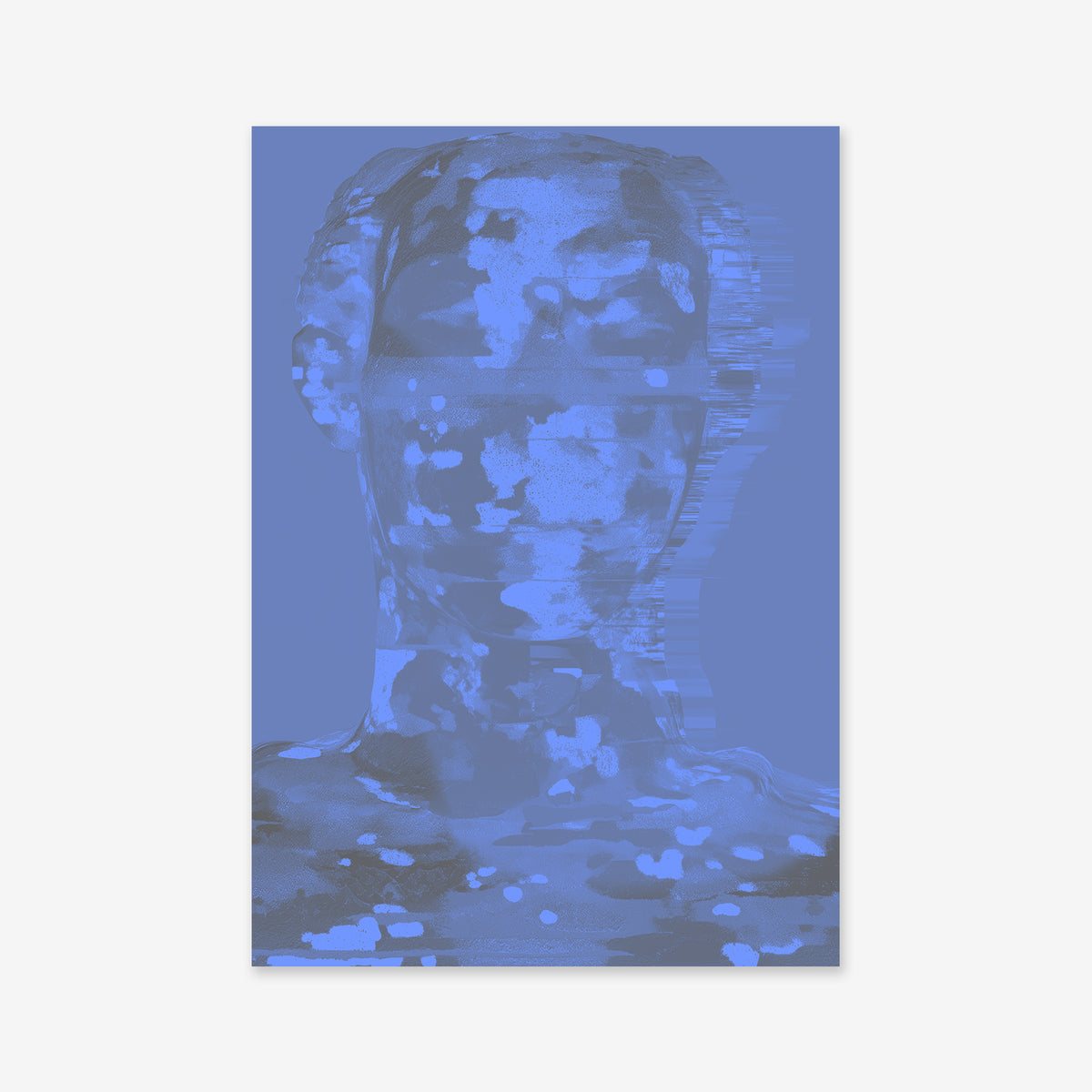 “Distorted bust” is a digital artwork of a human bust in blue and purple hues, featuring pixelated, abstract patches for a textured effect. Ideal as a giclée print for modern interiors, it stands out against its solid blue background.