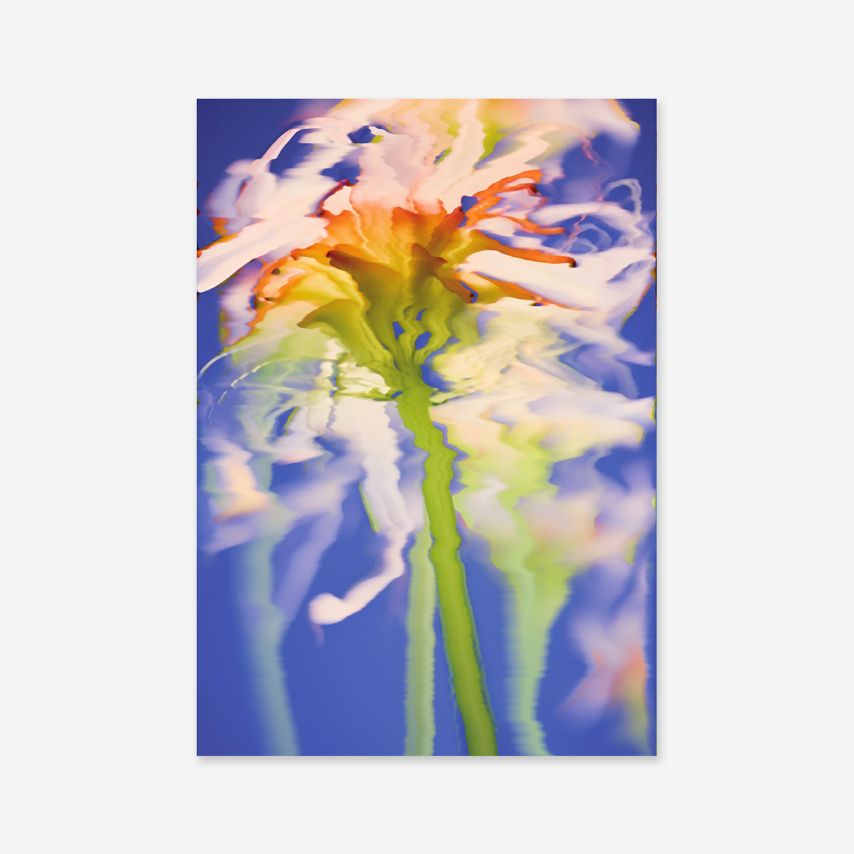 “Distorted flower” features an abstract, blurred floral image in orange, pink, white, and green on a blue background—a fluid, dreamy design ideal as a modern giclée art print on matte archival paper.