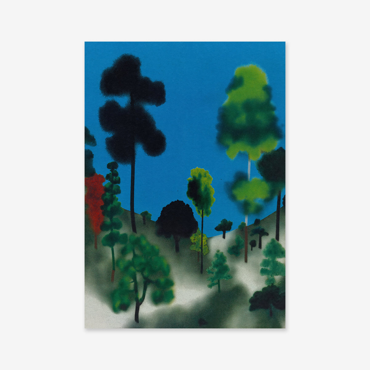 Diverse forest" is a stylized painting with abstract, blurred green, black, and red trees against a bright blue sky and misty ground—an ideal giclée print to enhance your modern interior.