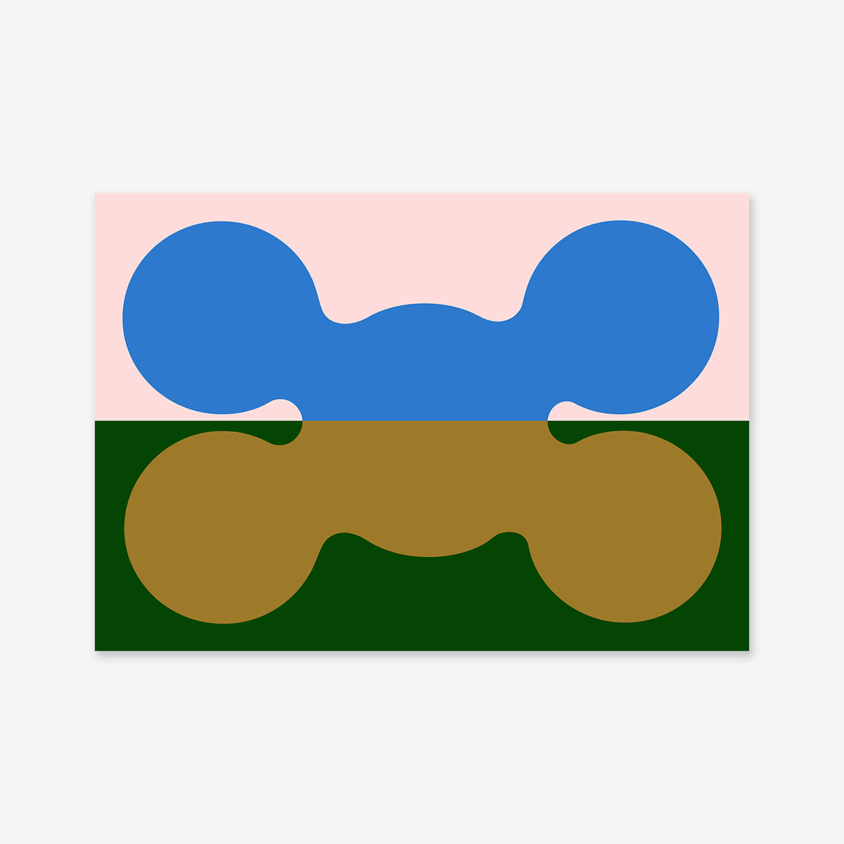 “Shapes dividing No. 1” features a pale pink top, dark green bottom, and brown band with blue and brown rounded shapes—an abstract giclée print on archival paper that adds modern depth to any interior.