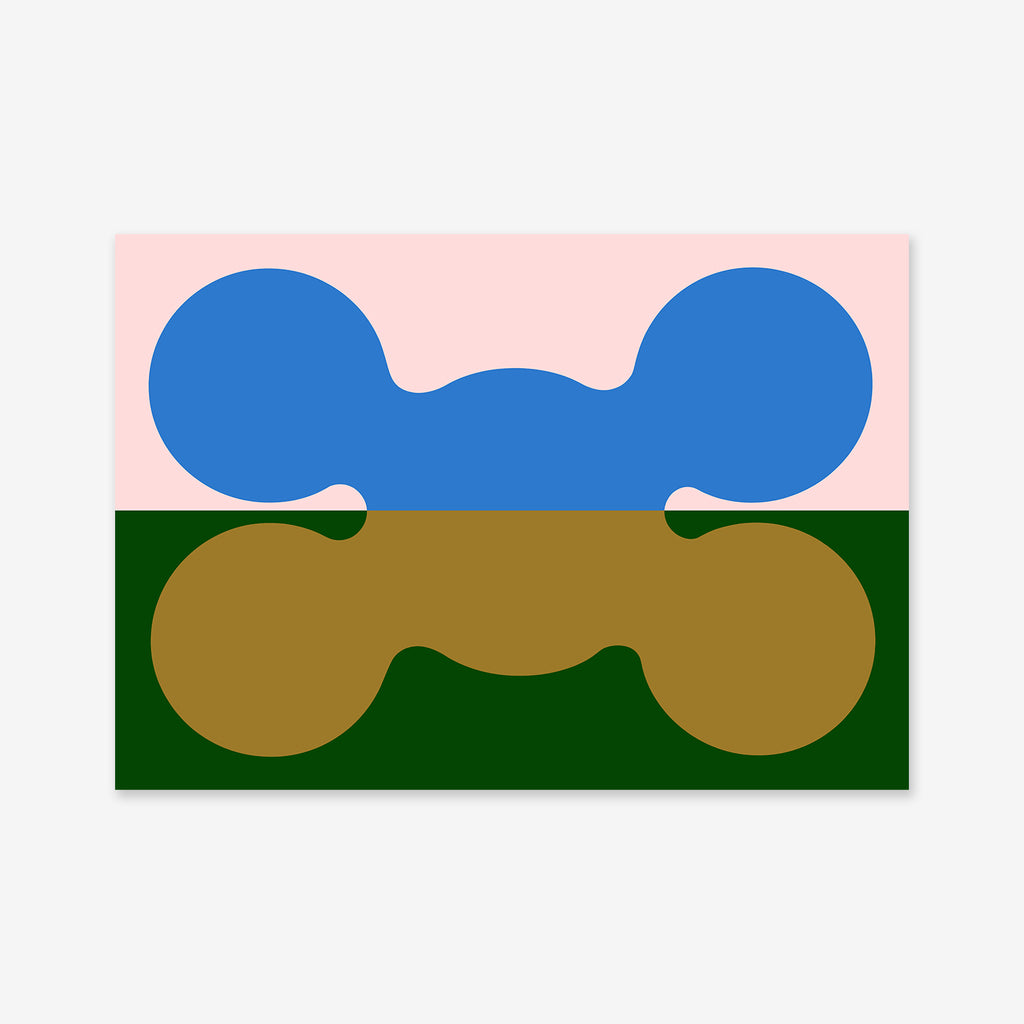 “Shapes dividing No. 1” features a pale pink top, dark green bottom, and brown band with blue and brown rounded shapes—an abstract giclée print on archival paper that adds modern depth to any interior.