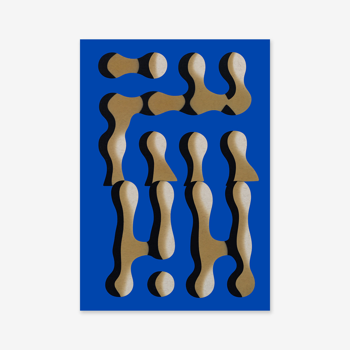 Dividing No. 4 is a Giclée art print featuring beige, organic elongated shapes with dark shadows on a solid blue background. Perfect for modern interiors, it highlights fluid, interconnected forms in a striking abstract composition.