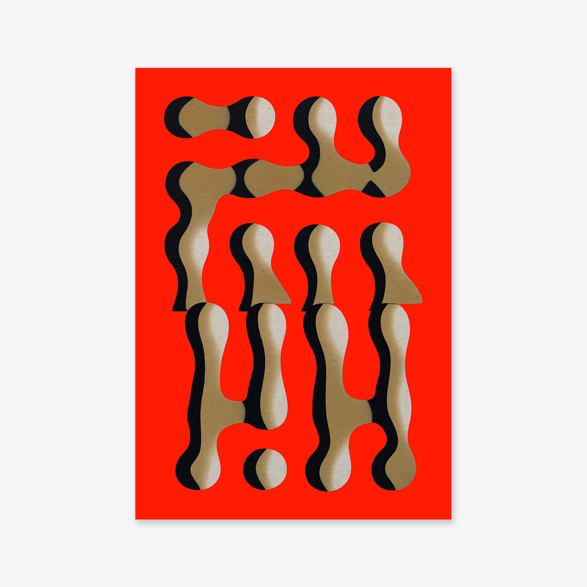 Dividing No. 1: A modern Giclée art print with beige and black organic shapes resembling puzzle pieces, set against a vibrant red background in bold patterns. Printed on matte archival paper—ideal for contemporary interiors.