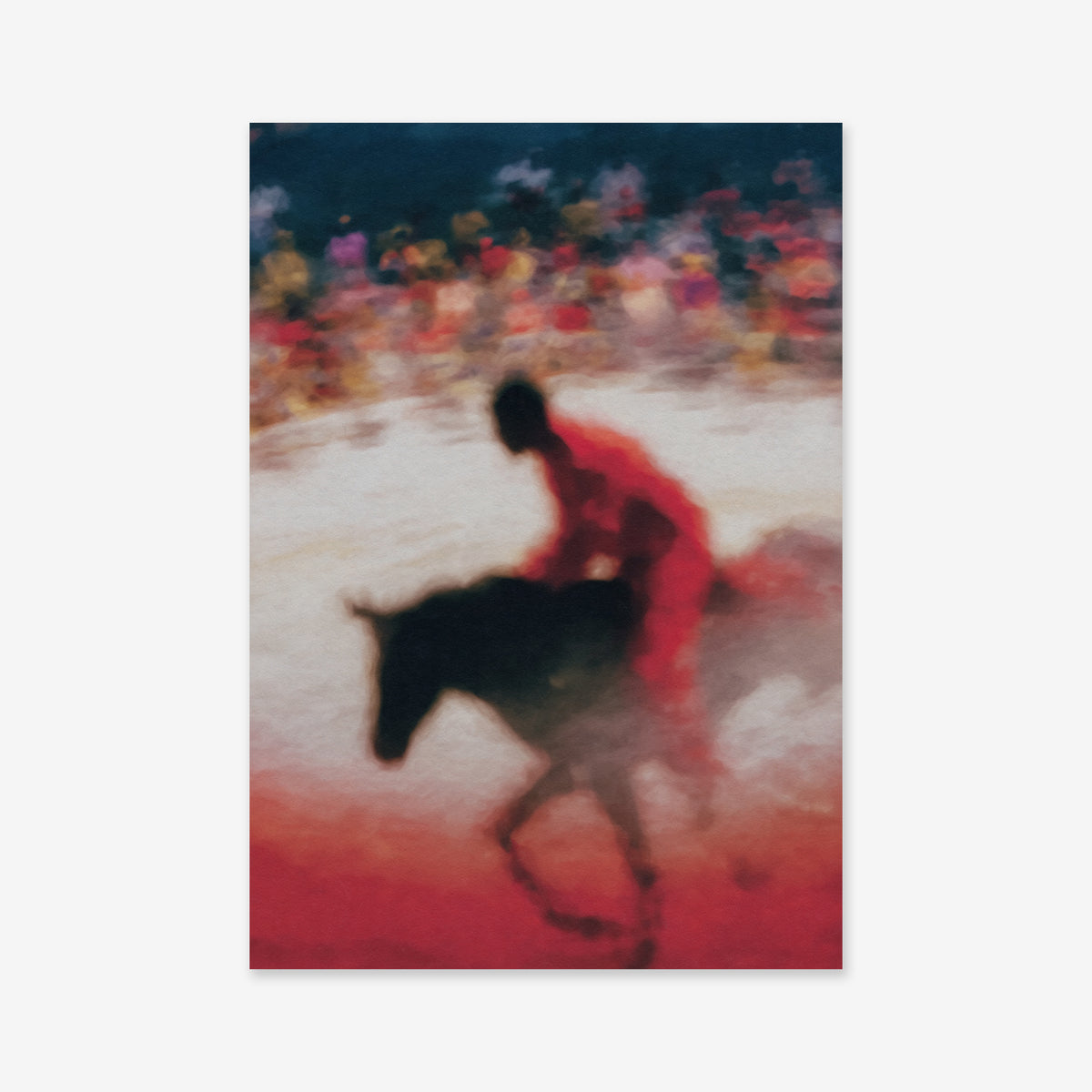 A blurred image of a person riding a horse in a circular arena with vibrant red tones and a lively crowd—“Do it for the show” makes an ideal Giclée art print for modern interiors.