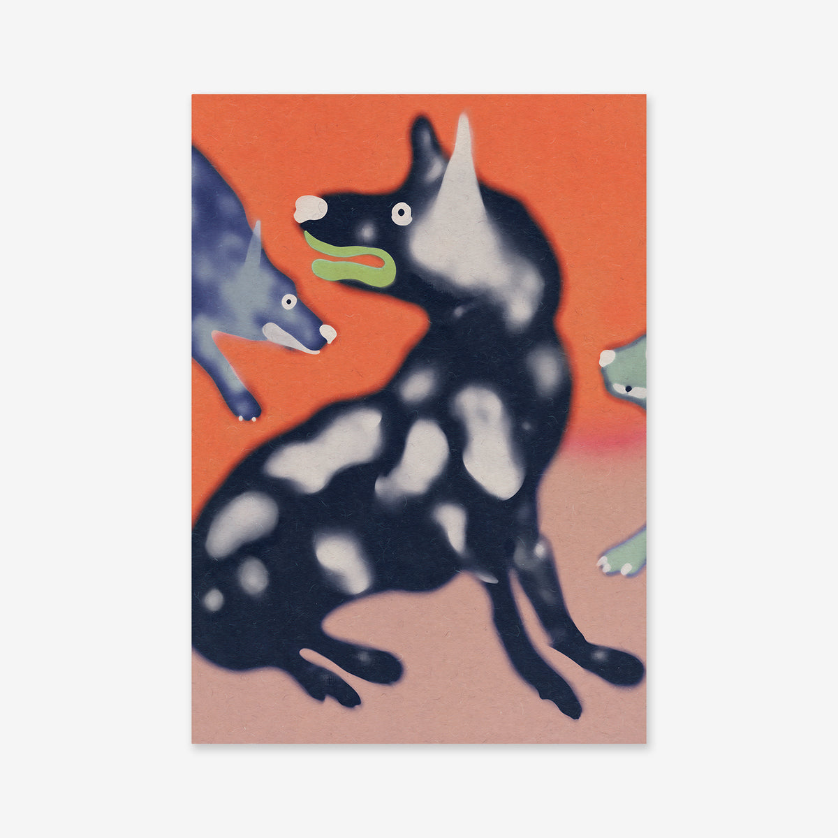 Dog gang" features three abstract, cartoon-style dogs—one black-and-white in the center with blue and green friends—set against a vibrant orange background. This playful giclée art print is perfect for any modern interior.