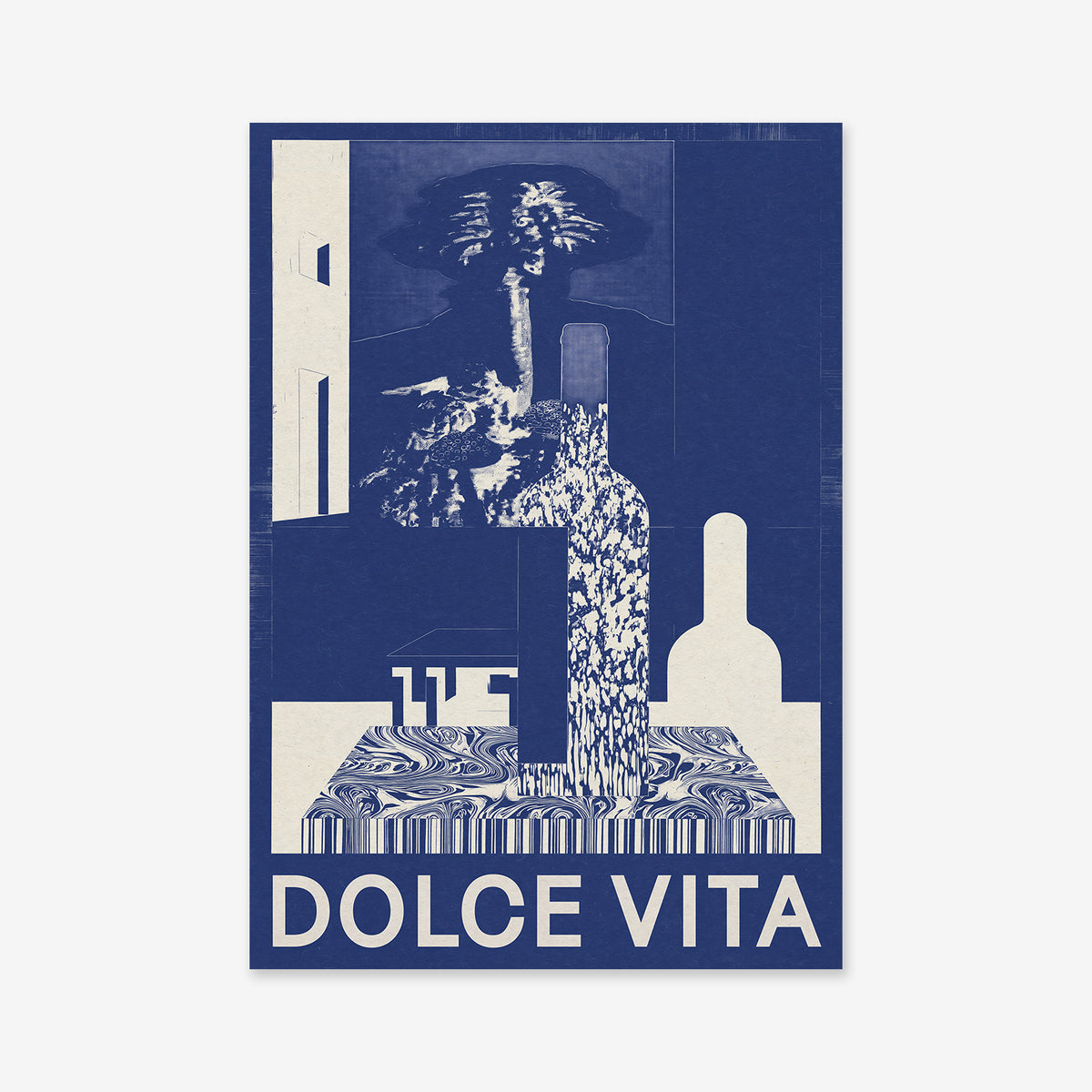 Dolce vita: Abstract blue and white artwork with a wine bottle on a marbled table, shadowy face above, stylized bottle outlines in the background, and "DOLCE VITA" at the bottom—ideal as a Giclée art print for modern spaces.