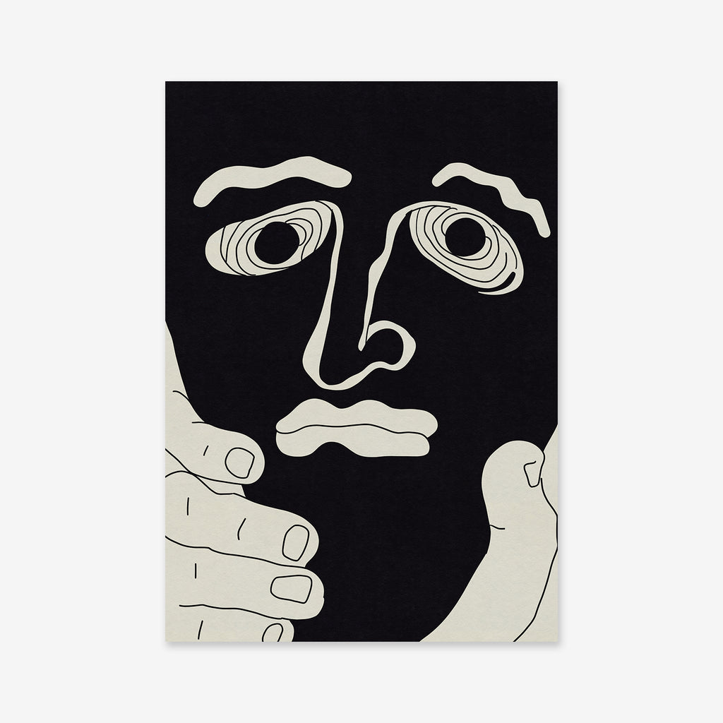 Don't Touch My Face: A black and white Giclée art print featuring an abstract line drawing of a face with wide eyes, a somber mouth, and hands touching chin and cheek—perfect for adding modern elegance to your interior.