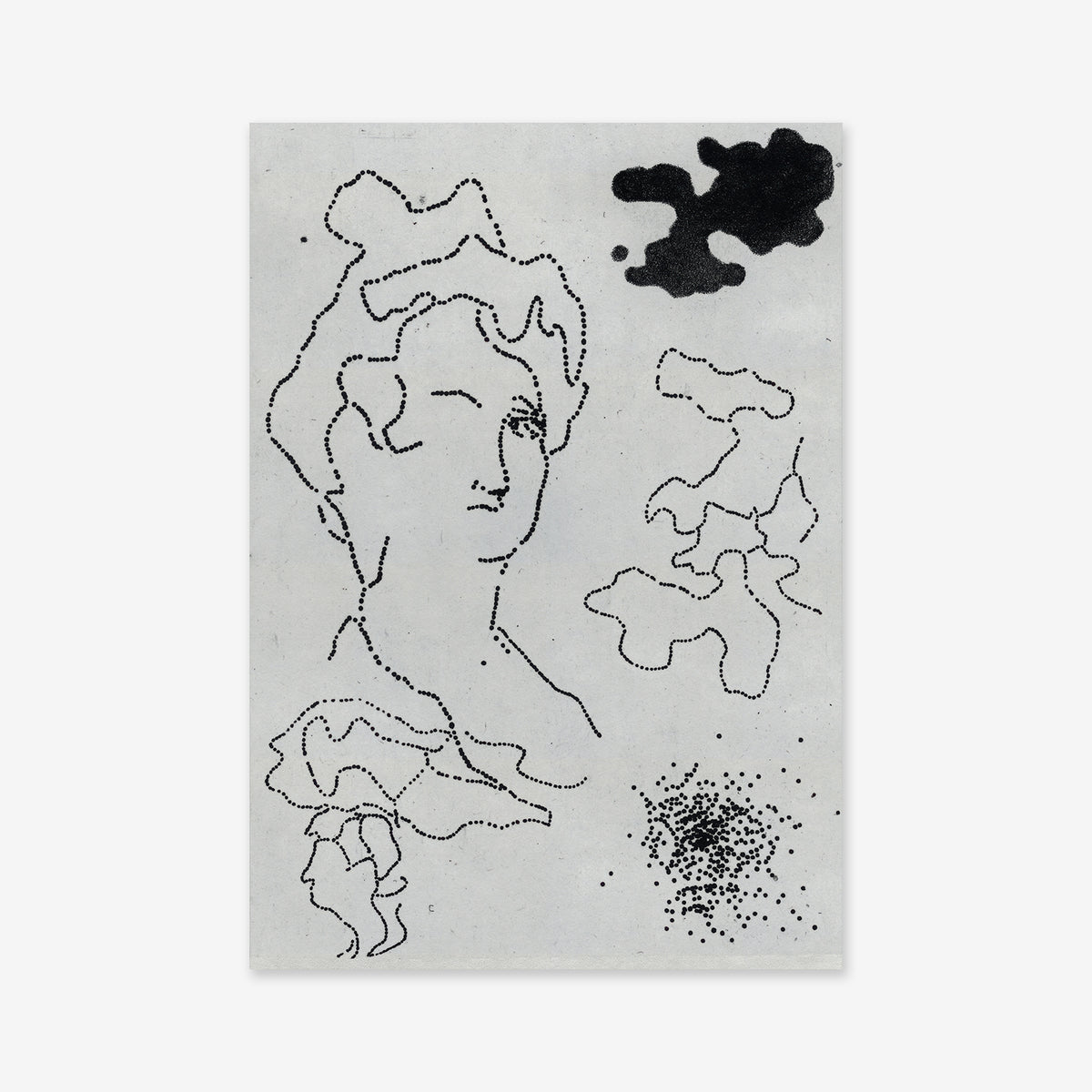 Dot doodle lady: A minimalist line drawing of a classical woman's face with abstract black shapes and dots on a light background. Printed as an archival paper giclée art print for lasting quality—perfect as a modern statement piece.