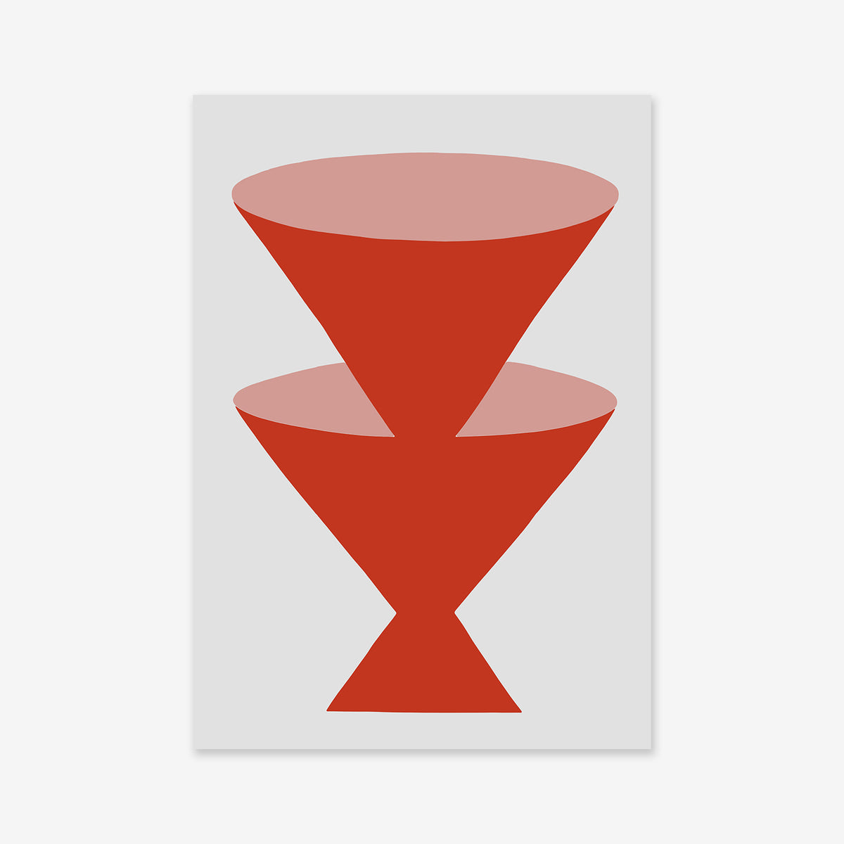 Minimalist art print titled "Double vase" showcases two red, cone-like forms with flat pink tops stacked tip-to-tip on a white background—ideal as a Giclée print for modern interiors.