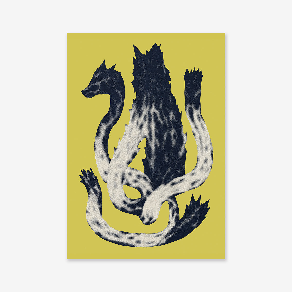 Dragon - Yellow: Abstract illustration of a two-headed, black and white spotted serpent against a solid yellow background. Available as a giclée art print on archival paper—ideal for enhancing modern interiors.