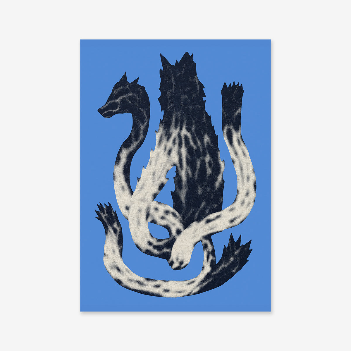Black and white illustration of "Dragon - Blue," a mythical three-headed beast with a wolf-like head between two serpents, set against solid blue—ideal as a Giclée art print for modern interiors on archival paper.