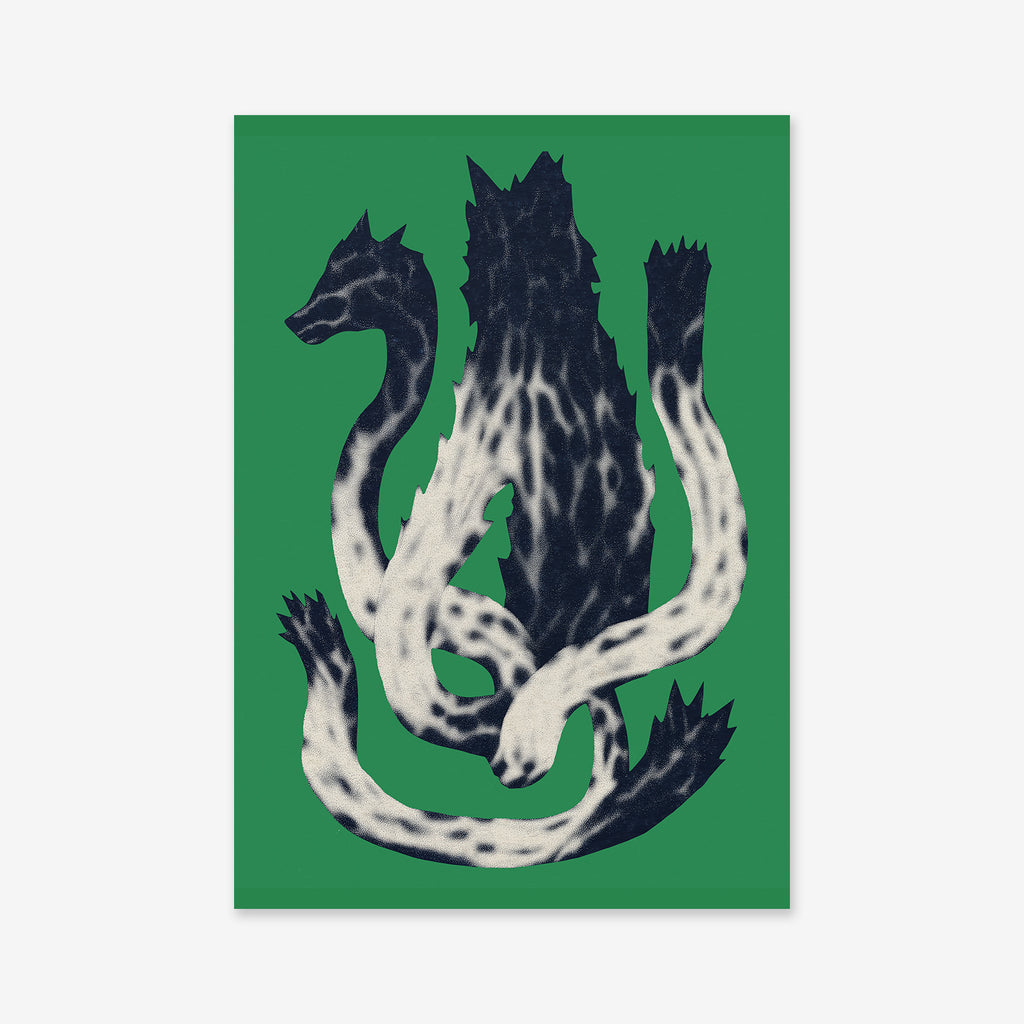 Dragon - Green: Abstract giclée art print of a two-headed, wolf-like dragon with long, intertwined bodies and black-and-white fur on a solid green background—ideal for modern interiors.