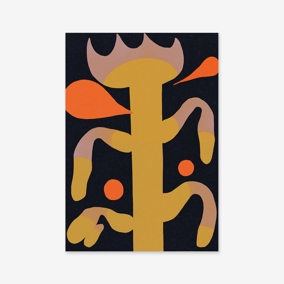 Add flair to any modern interior with 'Drip flower No. 1,' an abstract illustration of a stylized yellow plant with curved branches and orange leaf-like shapes, set against a dark background—ideal as a giclée art print.