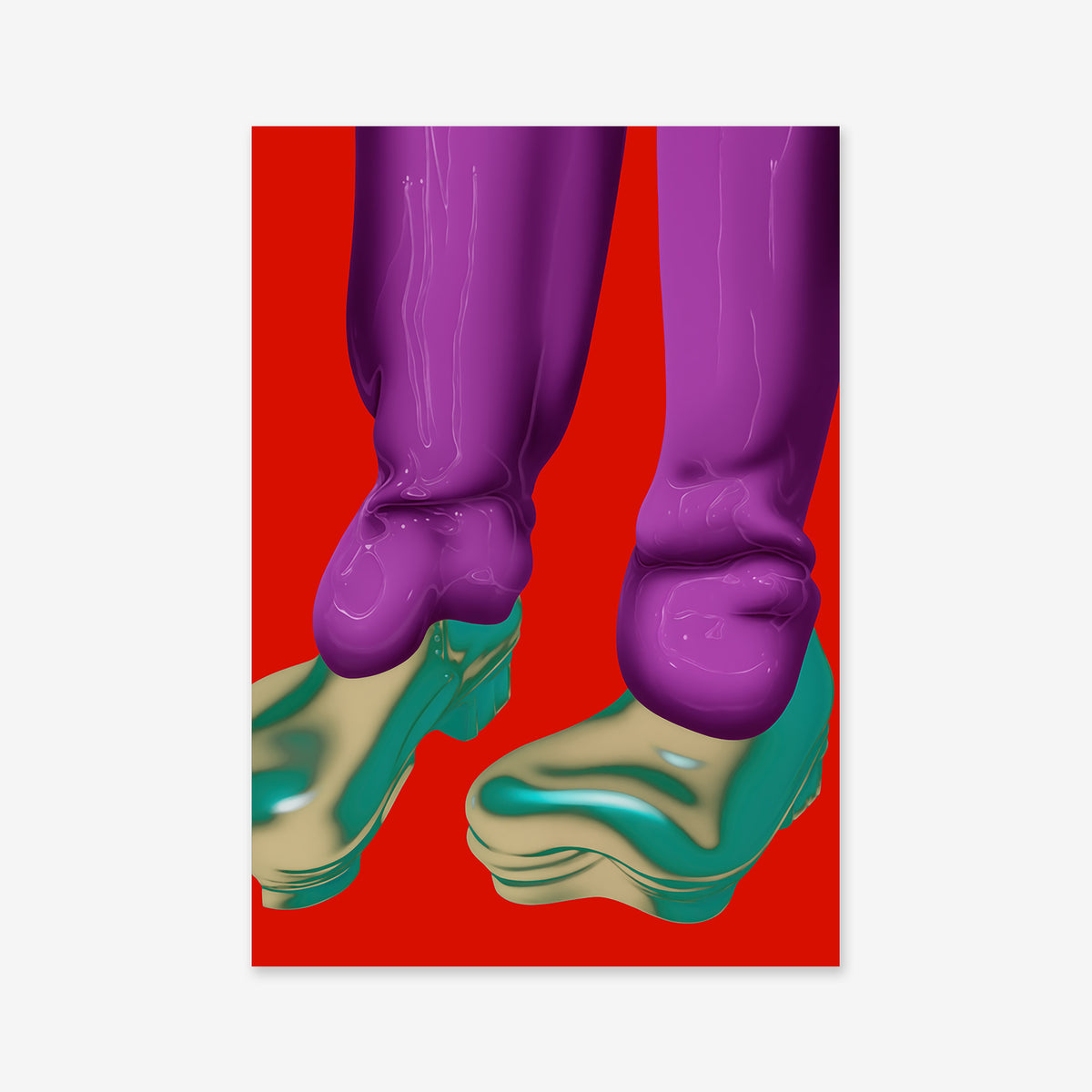 Drunk legs" is a digital artwork featuring stylized legs in shiny purple pants and warped green platform shoes on a bold red background—ideal as a Giclée print on archival paper to enhance any contemporary interior.