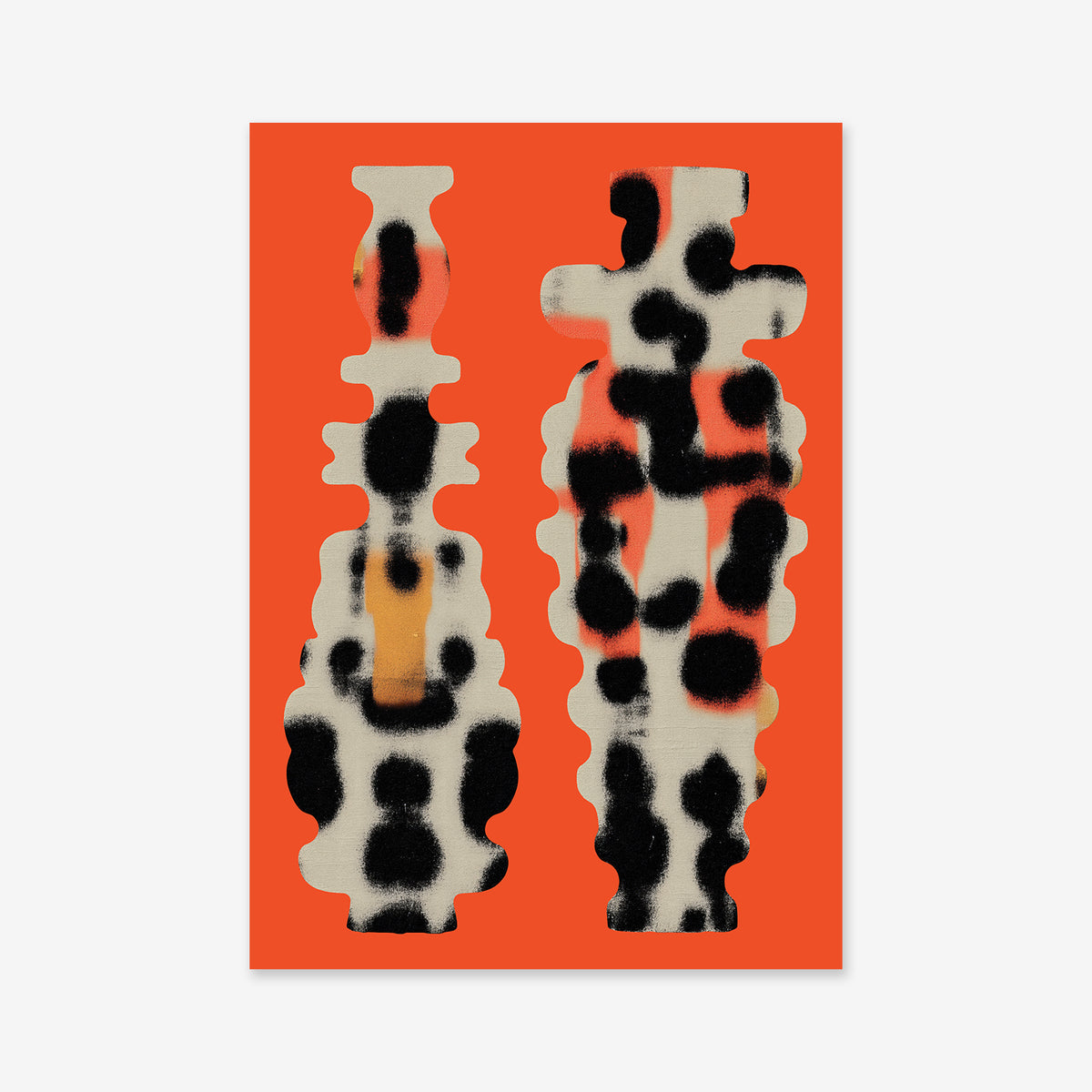 The “Duo vasa” features two abstract, vase-like shapes with wavy edges and black, beige, and orange blotches on a vivid orange background. Its bold design and soft spray-painted texture make it ideal for modern giclée art prints.