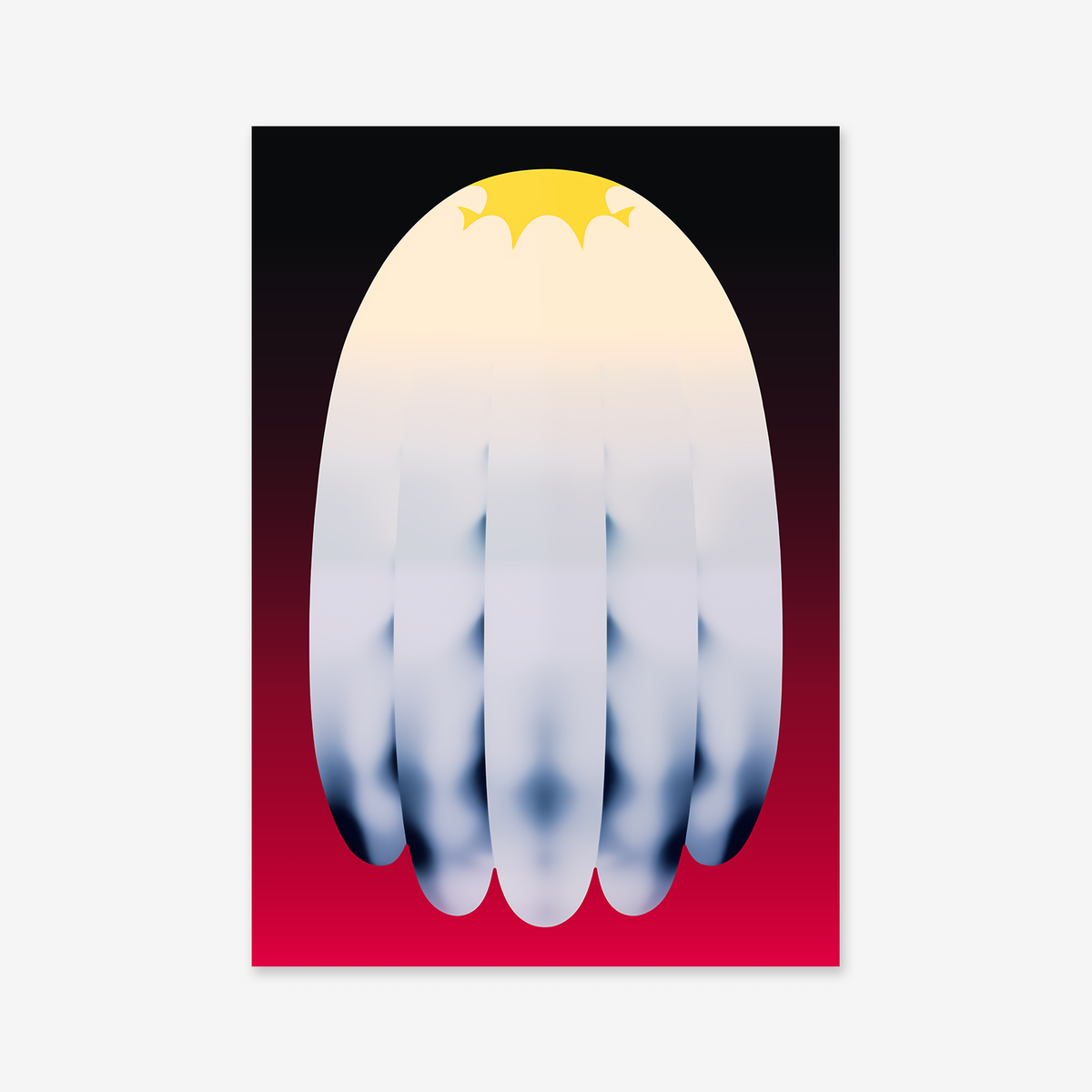 Egg veil features an abstract illustration of a bald eagle's head and wings, stylized with smooth gradients of white, yellow, and blue on a black-to-red background. This striking Giclée art print adds drama to modern interiors.
