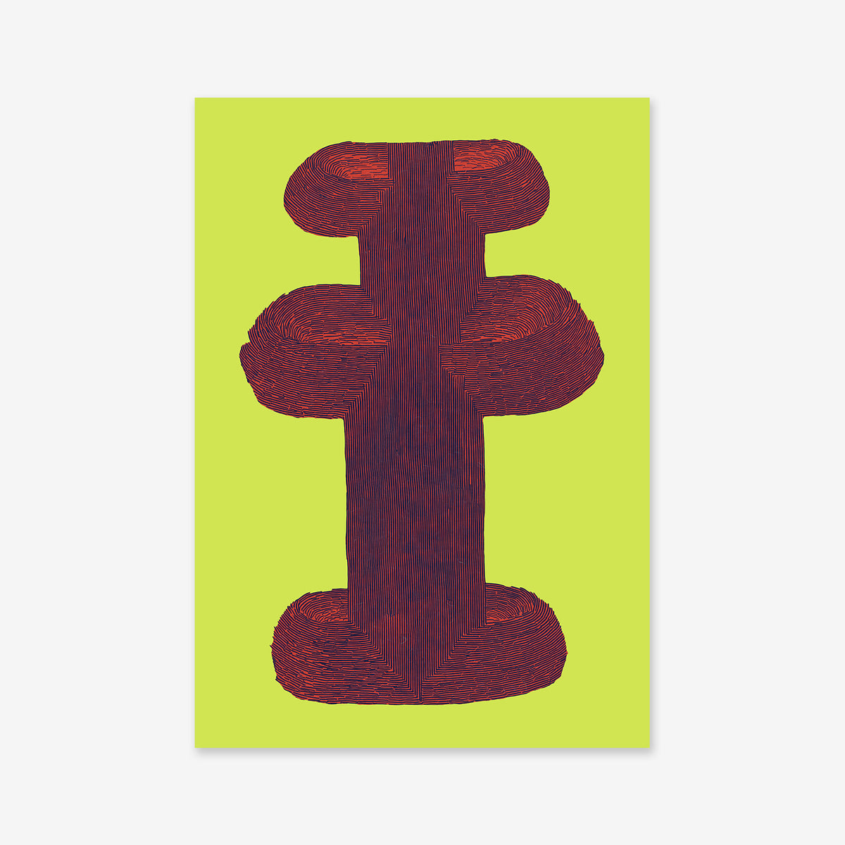 Empty Fountain is an abstract artwork featuring a thick, dark red, textured vertical shape with rounded ends on a bright yellow-green background. This striking giclée art print adds bold style and color to any modern interior. Printed on archival paper.