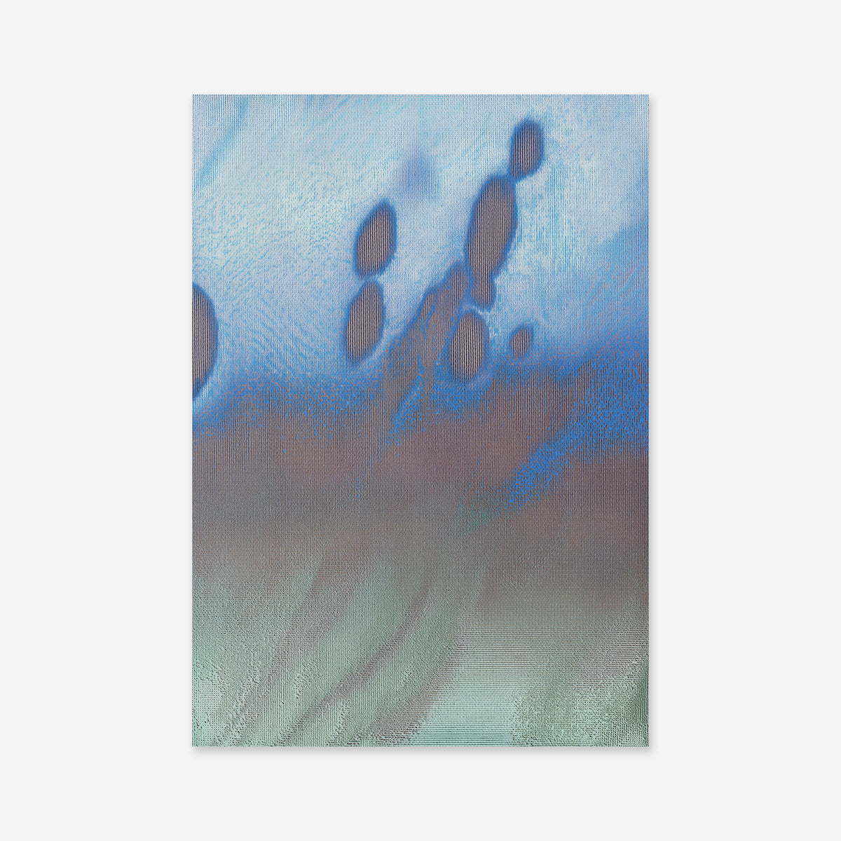 Emulsion" is an abstract artwork with blurred blue, purple, teal, and green tones, evoking a dreamy water or cloud effect—ideal as a giclée art print on archival paper to enhance any modern interior.
