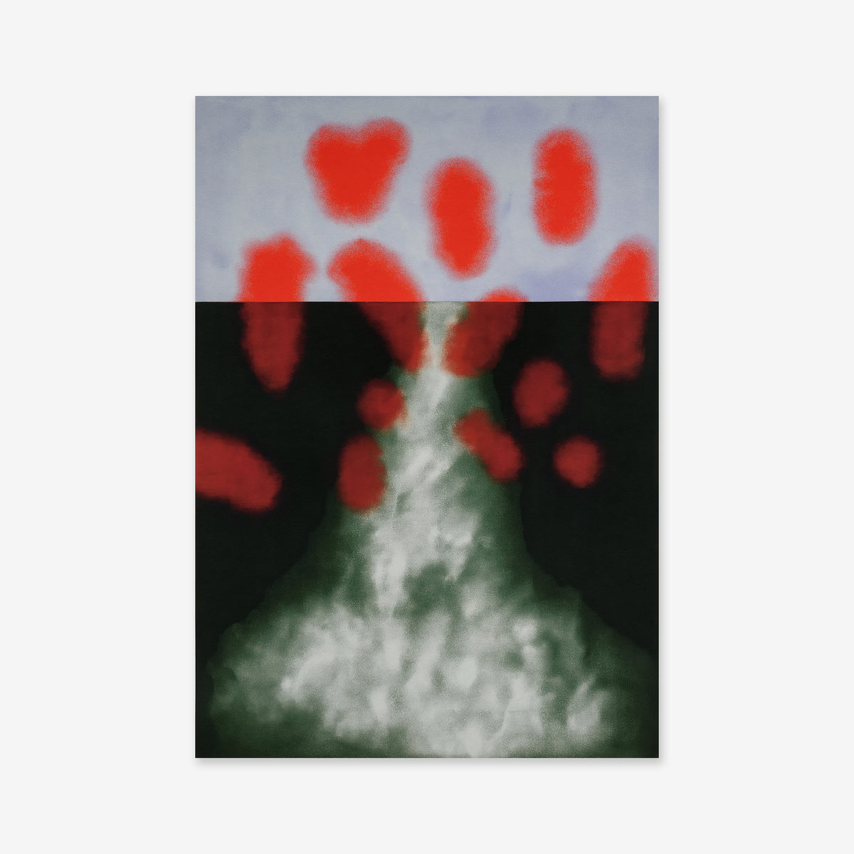 'Eruption' is an abstract giclée art print showcasing a dark green and black triangle base, layered with white and gray clouds, and bright red cloud-like spots against a pale blue backdrop—ideal for modern interiors.