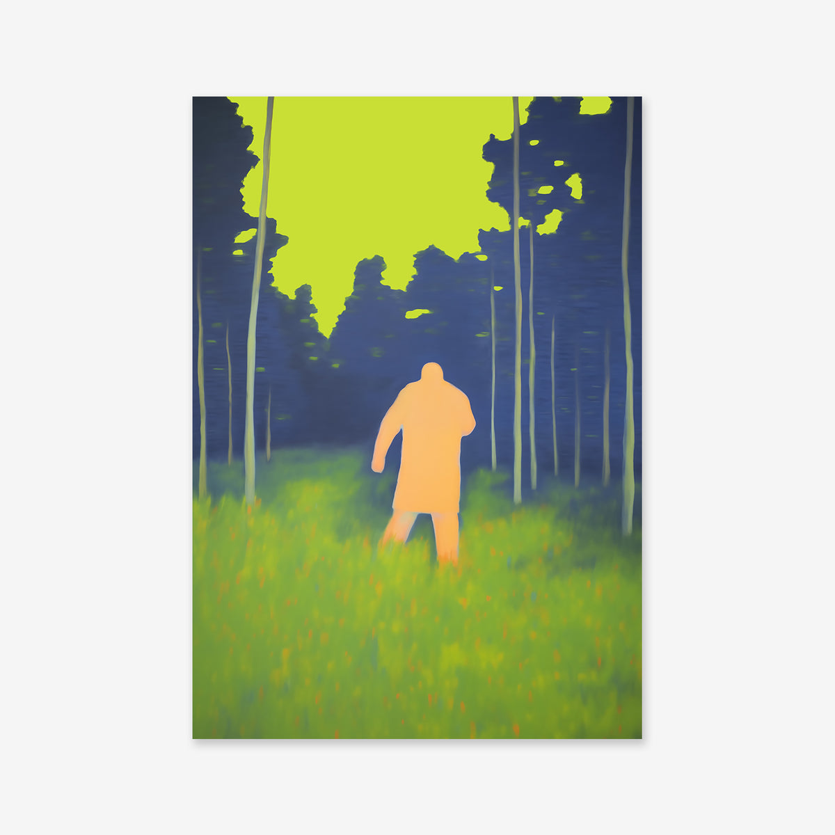 Escape No. 1 is a Giclée art print on matte acid-free archival paper, featuring a stylized lone figure in a coat walking through grassy fields and tall trees under a vivid yellow-green sky—perfect for modern interior decor.