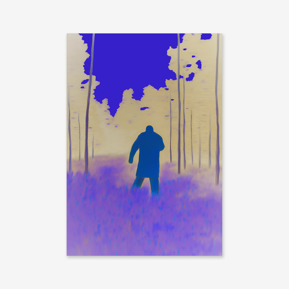 Escape No. 2 is a Giclée art print featuring a color-inverted figure in a coat among tall trees, set against a bright blue sky and purple-beige ground. Printed on matte archival paper, it’s perfect for modern interiors.