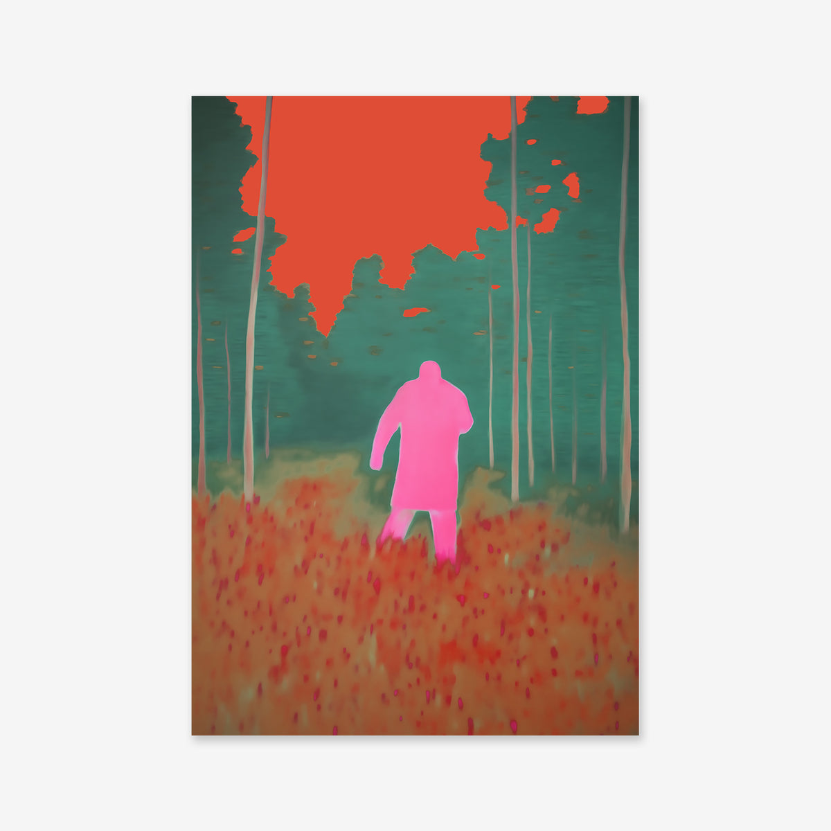 Escape No. 3 features a pink silhouette in a vibrant, abstract forest beneath a vivid red sky. This giclée art print adds surreal charm to any modern space, showcasing rich colors on premium archival paper.