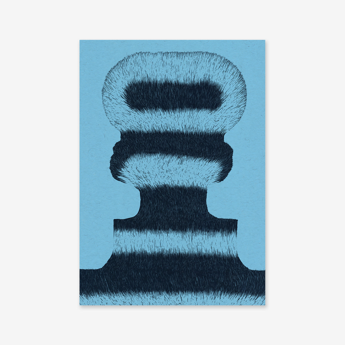 “Explosion” is an abstract illustration on blue paper, featuring black textured horizontal bands forming a head and shoulders silhouette with a fuzzy striped pattern—ideal as a Giclée print for modern interiors on archival paper.