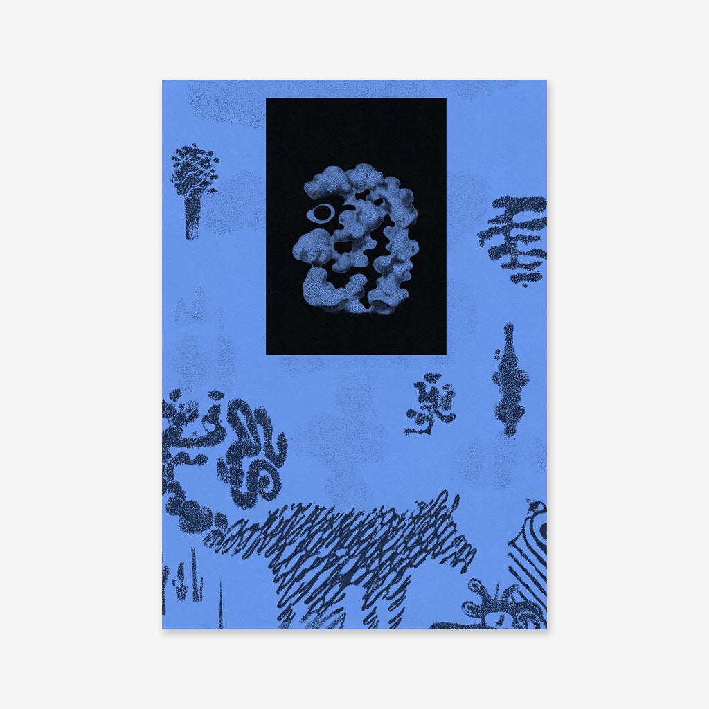 Eye from above" is a striking giclée art print featuring abstract organic shapes and scribbles on a blue backdrop, centered by a black rectangle with a cloud-like pale blue form—perfect for modern interior decor.