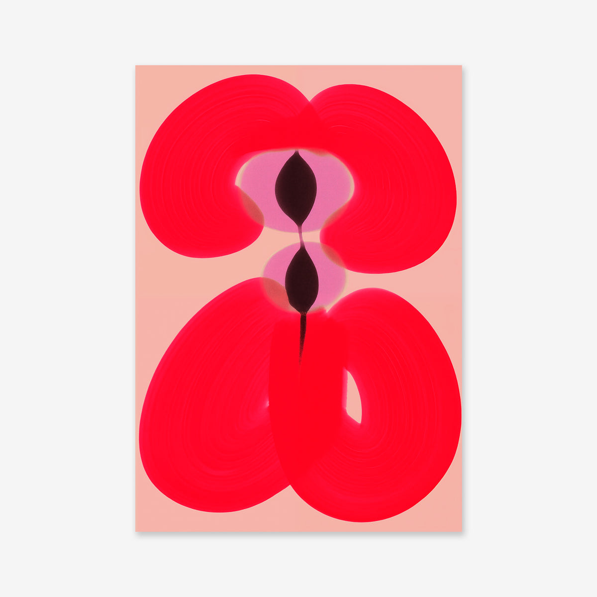 Eye of the Flower" is a striking giclée art print featuring bold red curves and dark maroon ovals in a symmetrical design on a light pink background—perfect for any modern interior.