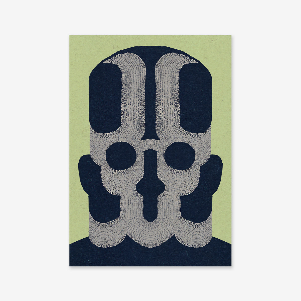 Face Armor No. 2: A minimalist dark blue head with abstract, symmetrical light gray lines creating a mask effect on a light green background—ideal as a Giclée art print for modern interiors.