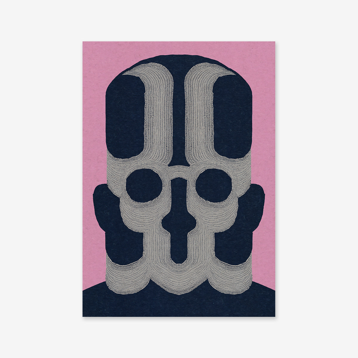 Face armor No. 1 features a dark navy blue silhouette with silver, mask-like line patterns on the face against a pink background—an ideal giclée art print for modern interiors.