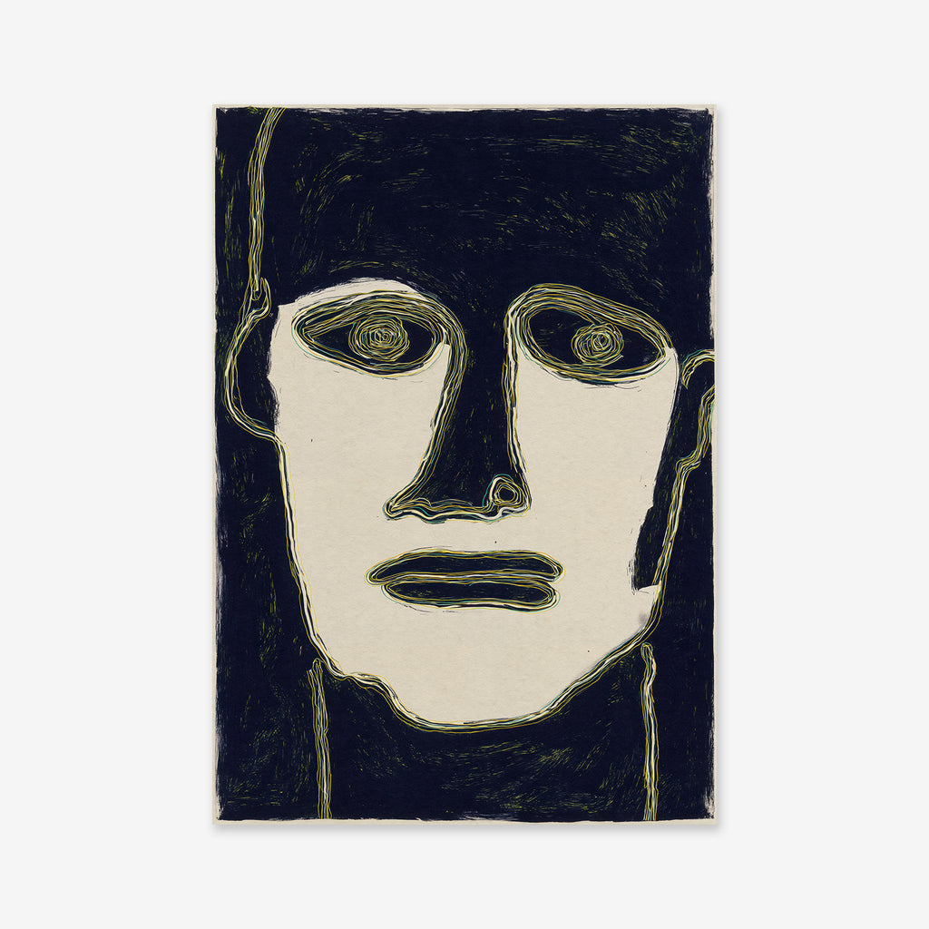 Face it" is a minimalist abstract drawing of a human face in yellow and white lines on a dark background, with swirling eye patterns. Ideal as a Giclée art print on premium archival paper for modern interiors.