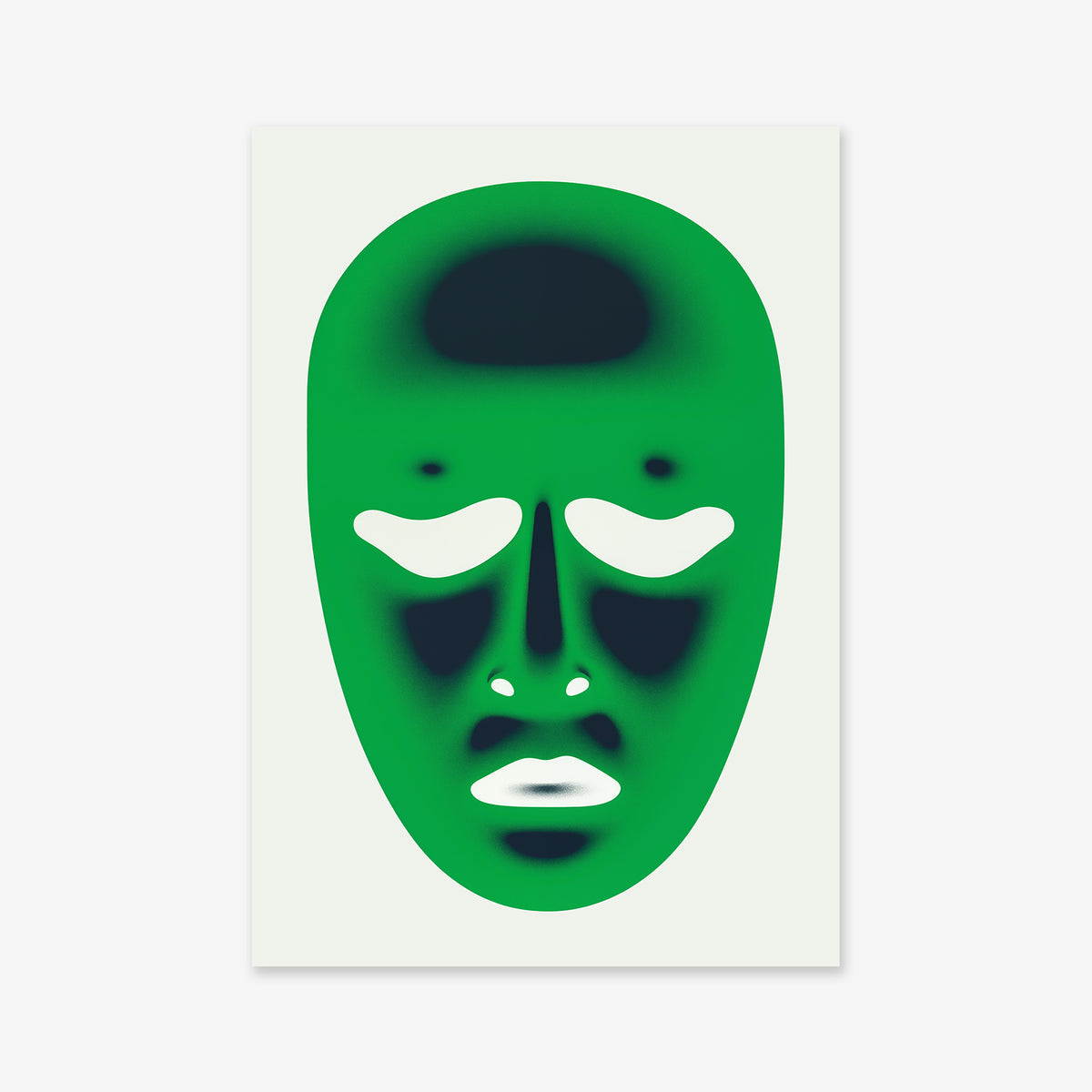 Faces from beyond No. 10 is a giclée art print featuring an abstract green face with closed eyes and minimalist white details on a plain background, adding a calm, modern touch to your space with soft gradients on archival paper.