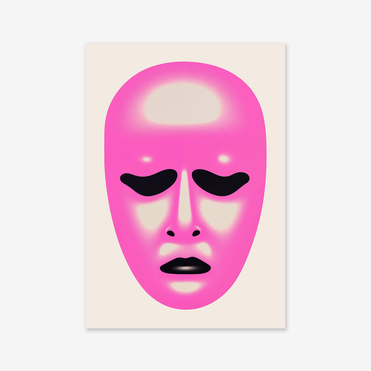 Faces from beyond No. 9 is a digital illustration of a bright pink face mask with blacked-out eyes and lips on a plain light background, available as a giclée art print on archival paper to add shine and intrigue to any space.