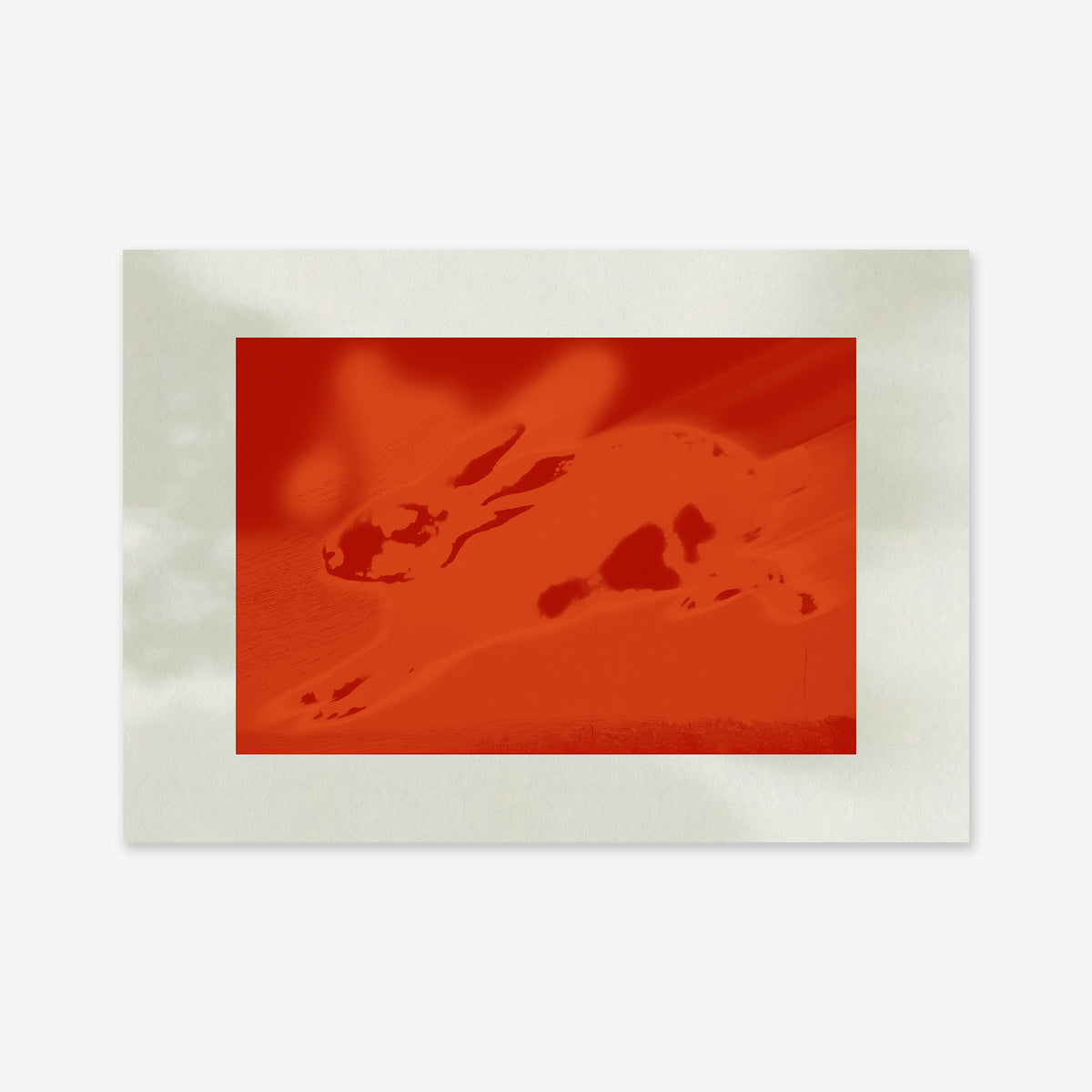 Fast rabbit" features a red-tinted, abstract depiction of a rabbit in motion with blurred edges and high contrast, centered on a white background with a textured border—ideal as a bold giclée art print for modern interiors.