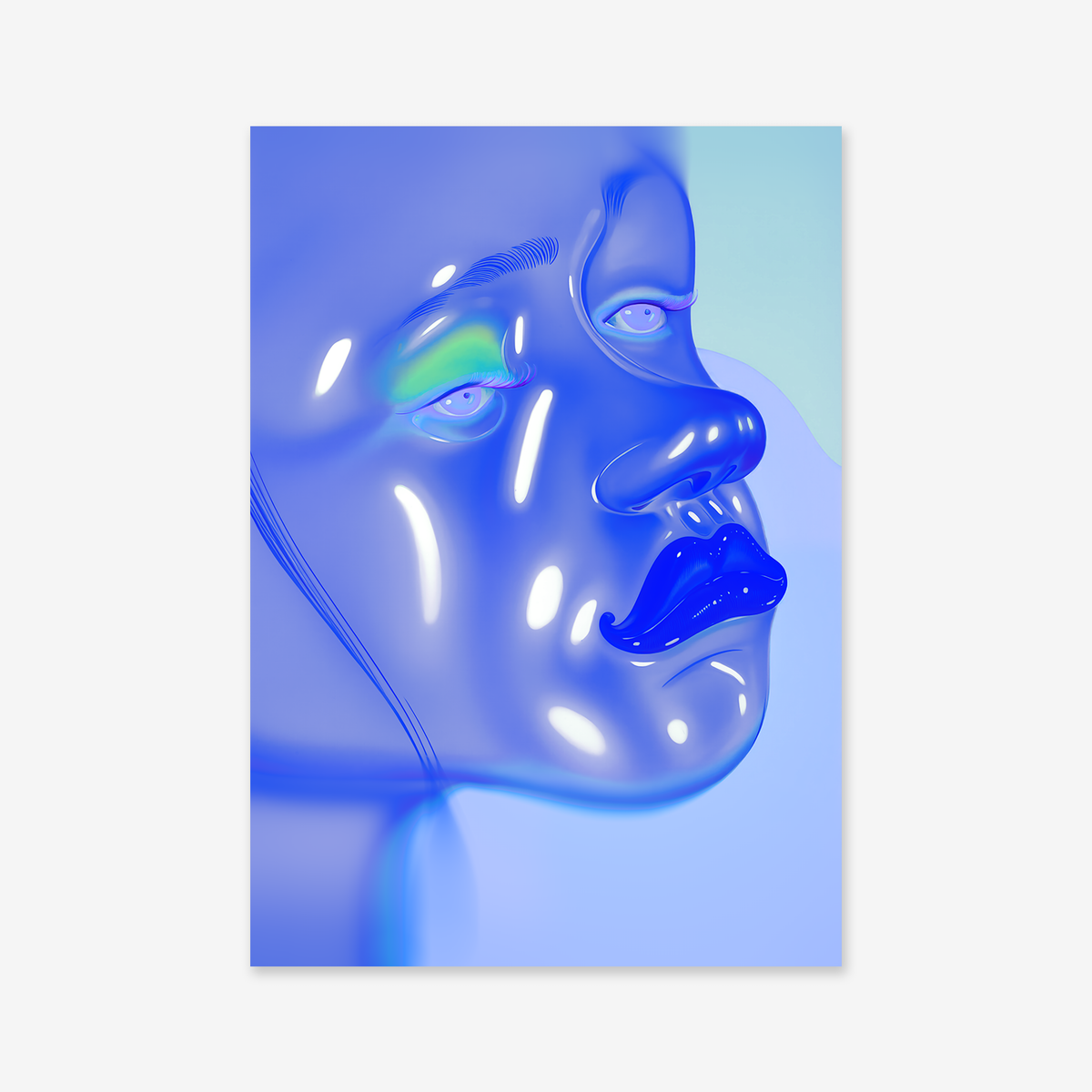 Feeling the blues" is a Giclée art print showcasing a stylized, glossy blue face with exaggerated lips and glowing highlights—its smooth contours and gradient blue background add a futuristic touch to any modern interior.